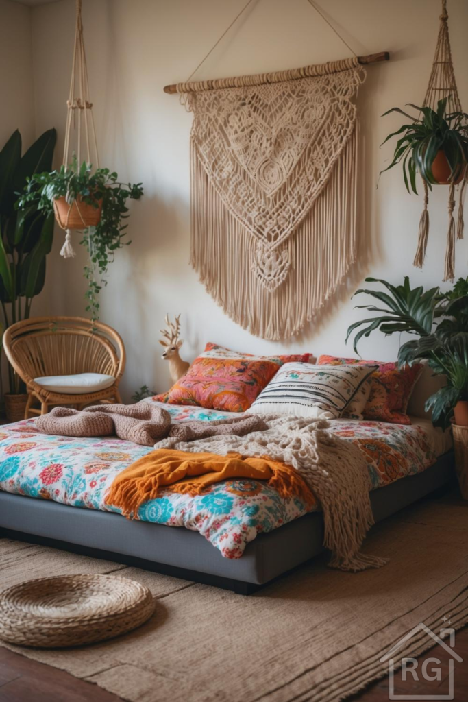 A cozy bohemian bedroom featuring a low platform bed with a colorful floral duvet and patterned pillows. The room is decorated with a large macrame wall hanging, several lush green plants in hanging and floor pots, a rattan chair, and a natural jute rug, creating a vibrant and eclectic atmosphere.