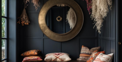 A dark boho entryway featuring charcoal paneled walls, a large round brass mirror, and two wooden benches adorned with patterned throw pillows. Dried floral arrangements hang from the ceiling, and a vibrant patterned rug covers the dark wood floor, creating a warm and inviting atmosphere.