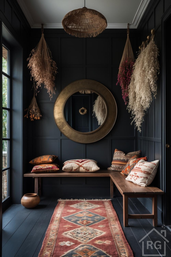 A dark boho entryway featuring charcoal paneled walls, a large round brass mirror, and two wooden benches adorned with patterned throw pillows. Dried floral arrangements hang from the ceiling, and a vibrant patterned rug covers the dark wood floor, creating a warm and inviting atmosphere.