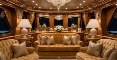 A luxurious and classy yacht interior salon featuring rich polished wood paneling, plush gold velvet sofas, and two large crystal chandeliers. The room is elegantly furnished with side tables, ornate table lamps, and decorative floral arrangements, creating an opulent and inviting atmosphere.