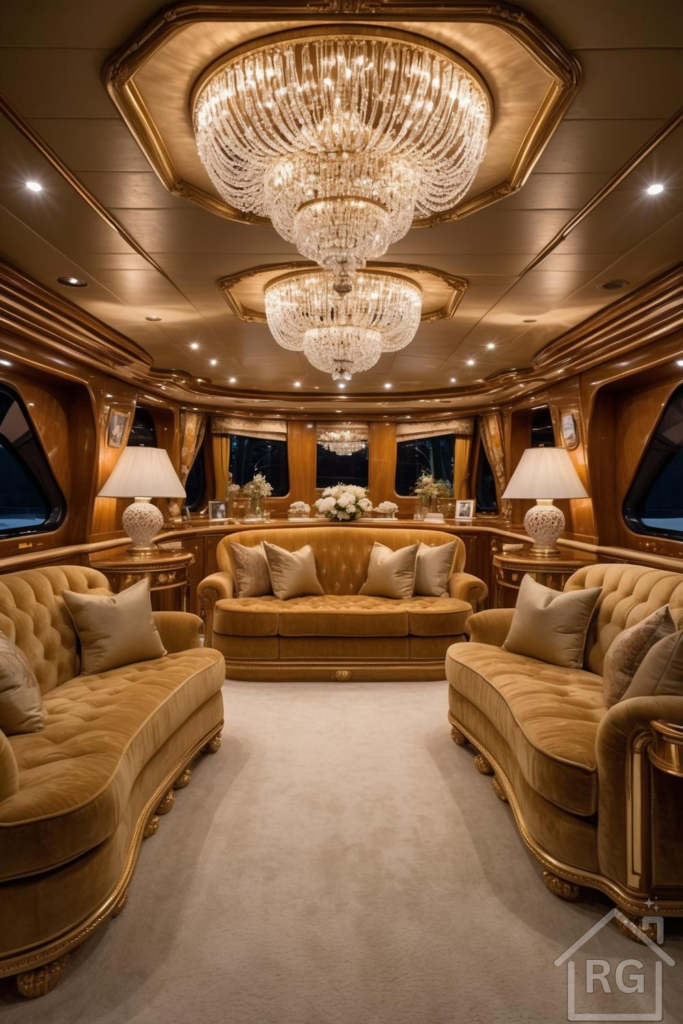 A luxurious and classy yacht interior salon featuring rich polished wood paneling, plush gold velvet sofas, and two large crystal chandeliers. The room is elegantly furnished with side tables, ornate table lamps, and decorative floral arrangements, creating an opulent and inviting atmosphere.