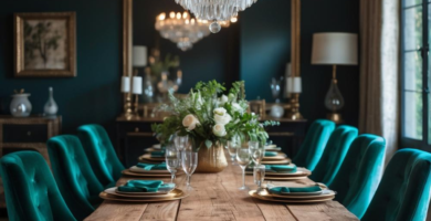 A luxurious glam rustic dining room featuring a long distressed wooden dining table, teal velvet chairs, and a grand crystal chandelier. Dark teal walls provide a dramatic backdrop, enhancing the room's elegant yet cozy ambiance.