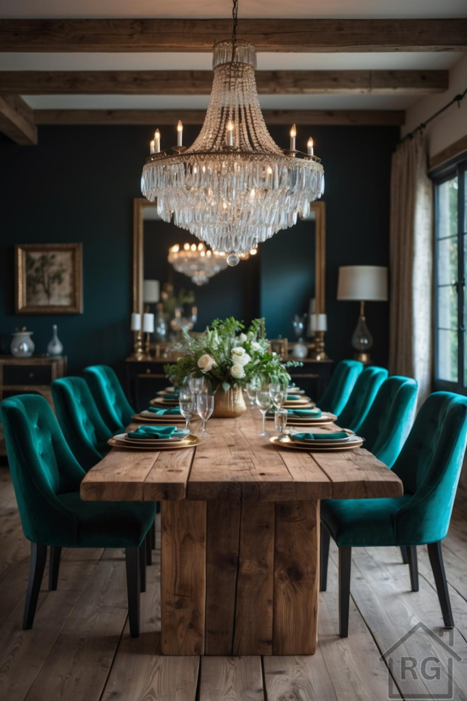 A luxurious glam rustic dining room featuring a long distressed wooden dining table, teal velvet chairs, and a grand crystal chandelier. Dark teal walls provide a dramatic backdrop, enhancing the room's elegant yet cozy ambiance.