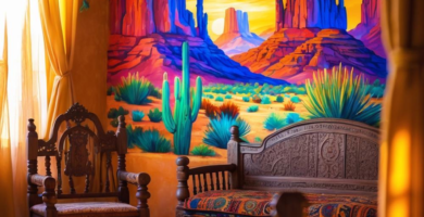 An inviting adobe sitting room bathed in warm golden light, featuring a large, colorful desert mural depicting red rock formations, blue skies, and vibrant green cacti. The room is furnished with intricately carved dark wooden furniture, including an armchair and a bench, and a richly patterned rug on the floor.