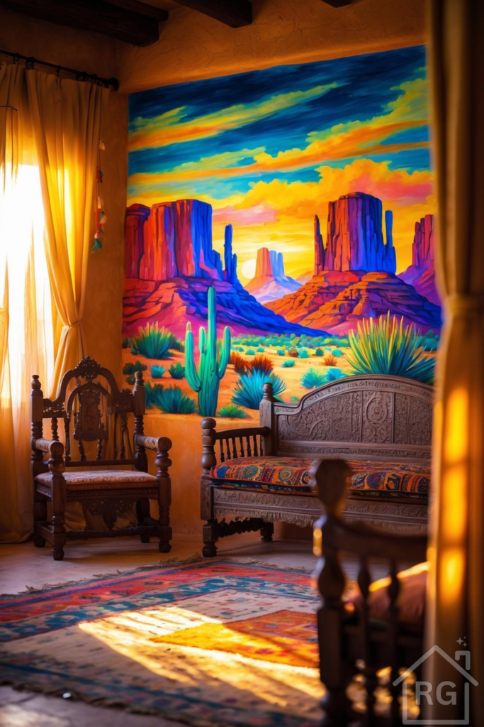 An inviting adobe sitting room bathed in warm golden light, featuring a large, colorful desert mural depicting red rock formations, blue skies, and vibrant green cacti. The room is furnished with intricately carved dark wooden furniture, including an armchair and a bench, and a richly patterned rug on the floor.