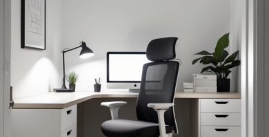 A bright and clean minimalist home office featuring an L-shaped light wood desk, a black and white ergonomic office chair, and a computer monitor. The room is painted white with light wood flooring, creating a serene and productive workspace.