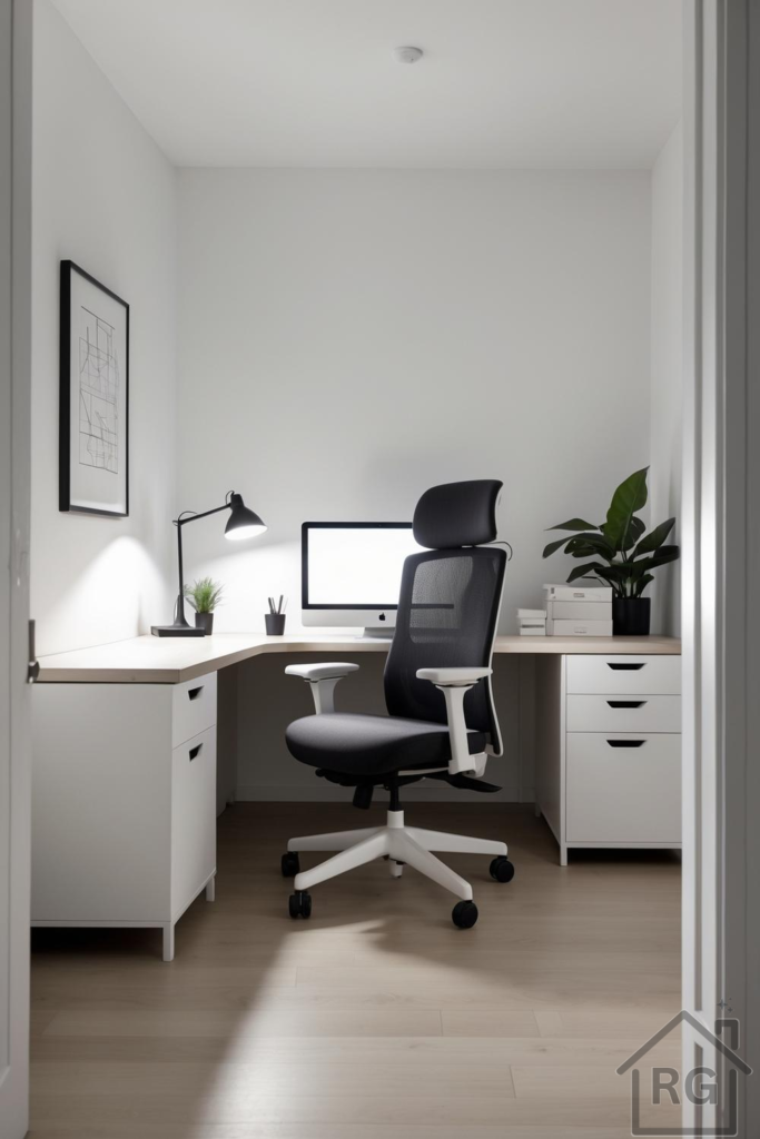 A bright and clean minimalist home office featuring an L-shaped light wood desk, a black and white ergonomic office chair, and a computer monitor. The room is painted white with light wood flooring, creating a serene and productive workspace.