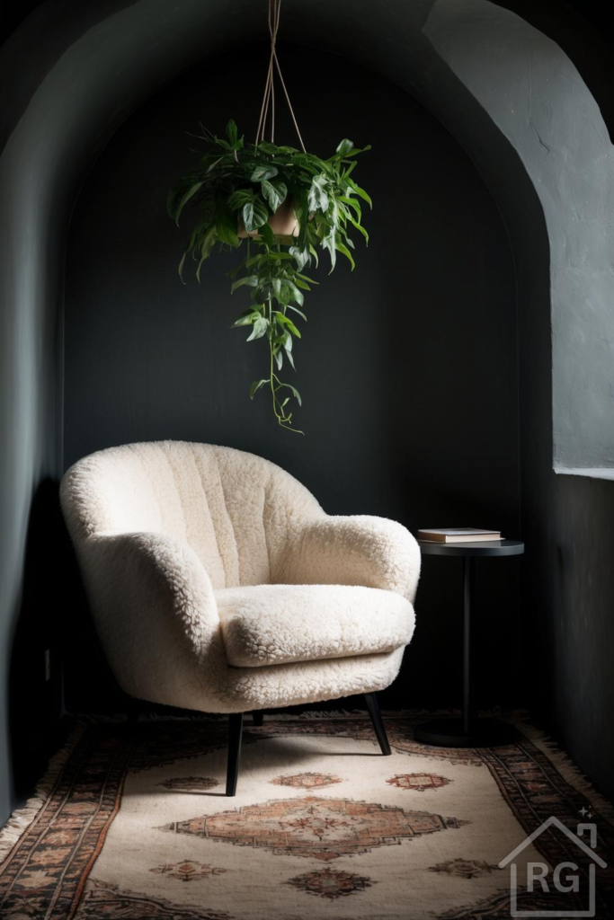 A cozy dark boho reading nook featuring a cream boucle armchair, a vintage patterned rug, and a hanging green plant. The space is set within a dark grey arched alcove with a small black side table holding books, creating an inviting and serene atmosphere.
