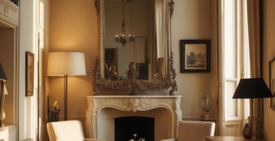 An elegant living room featuring neutral tones, a large ornate gold mirror above a classic marble fireplace, and plush cream-colored sofas and armchairs. The room is bathed in warm natural light, showcasing traditional interior design elements.