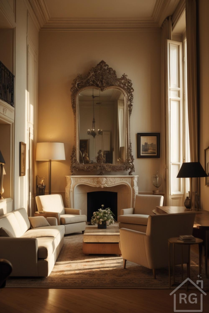 An elegant living room featuring neutral tones, a large ornate gold mirror above a classic marble fireplace, and plush cream-colored sofas and armchairs. The room is bathed in warm natural light, showcasing traditional interior design elements.