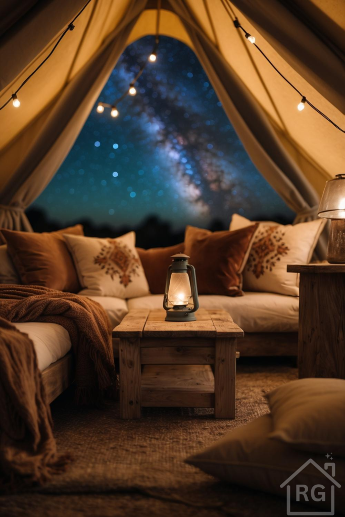 A warm and cozy glamping tent interior at night, featuring a comfortable sectional sofa, wooden tables, and ambient lighting. The tent opening frames a stunning view of the starry night sky.