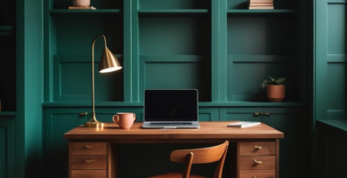 A cozy home office features dark emerald green built-in bookshelves and wall paneling. A mid-century modern wooden desk and chair with a leather seat are centered on a vibrant terracotta and green patterned area rug, illuminated by a brass desk lamp.