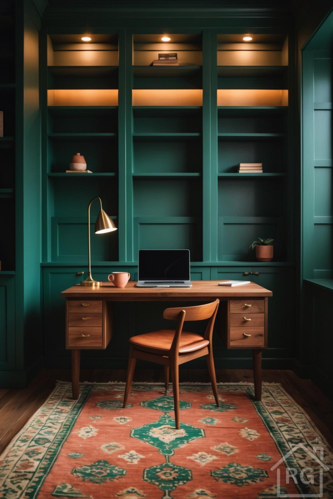 A cozy home office features dark emerald green built-in bookshelves and wall paneling. A mid-century modern wooden desk and chair with a leather seat are centered on a vibrant terracotta and green patterned area rug, illuminated by a brass desk lamp.
