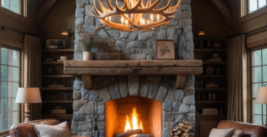 A cozy rustic lodge living room featuring a large stone fireplace with a roaring fire, surrounded by comfortable brown leather armchairs and an ottoman. The room has exposed wooden beams, built-in bookshelves, and an impressive antler chandelier, creating a warm and inviting atmosphere.