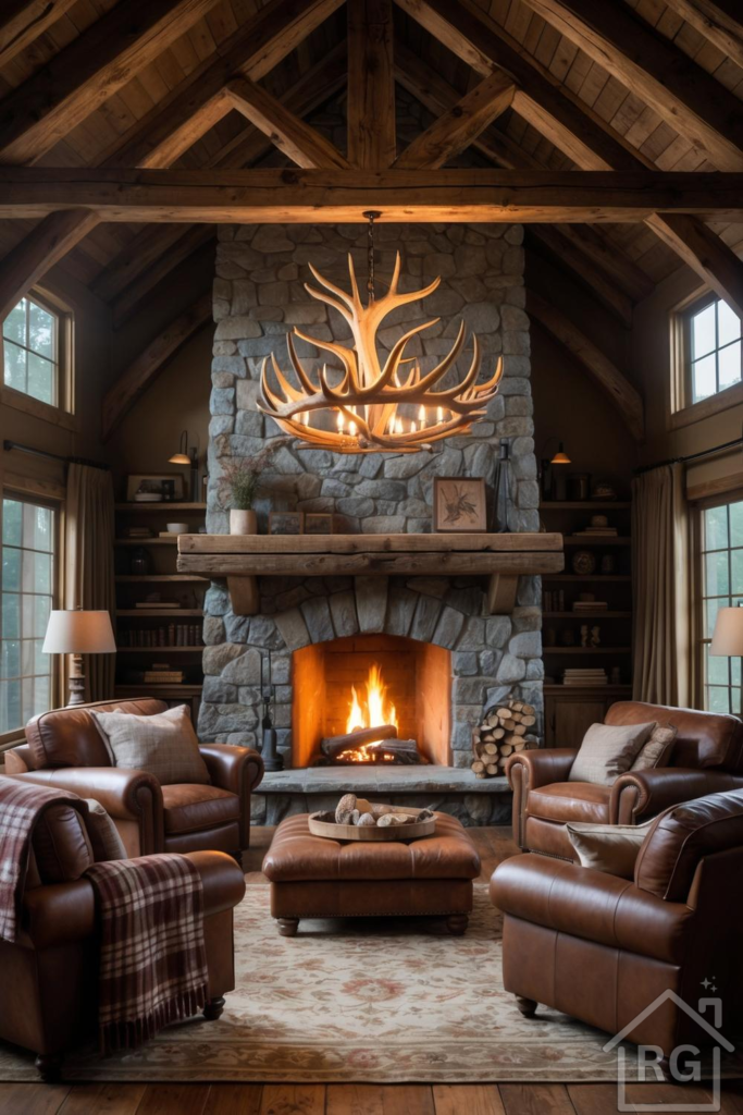 A cozy rustic lodge living room featuring a large stone fireplace with a roaring fire, surrounded by comfortable brown leather armchairs and an ottoman. The room has exposed wooden beams, built-in bookshelves, and an impressive antler chandelier, creating a warm and inviting atmosphere.
