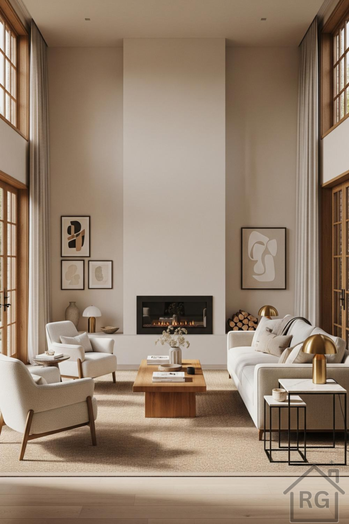 A spacious, modern living room featuring a neutral color palette of cream, beige, and light wood. The room includes a large sofa, two armchairs, a wooden coffee table, and a built-in fireplace, all illuminated by natural light from tall windows.
