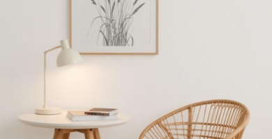 A minimalist Scandinavian study nook featuring a light wood side table, a natural rattan chair with black metal legs, and an off-white desk lamp. A framed botanical print hangs above, and a woven jute rug covers the floor, creating a cozy and functional space.
