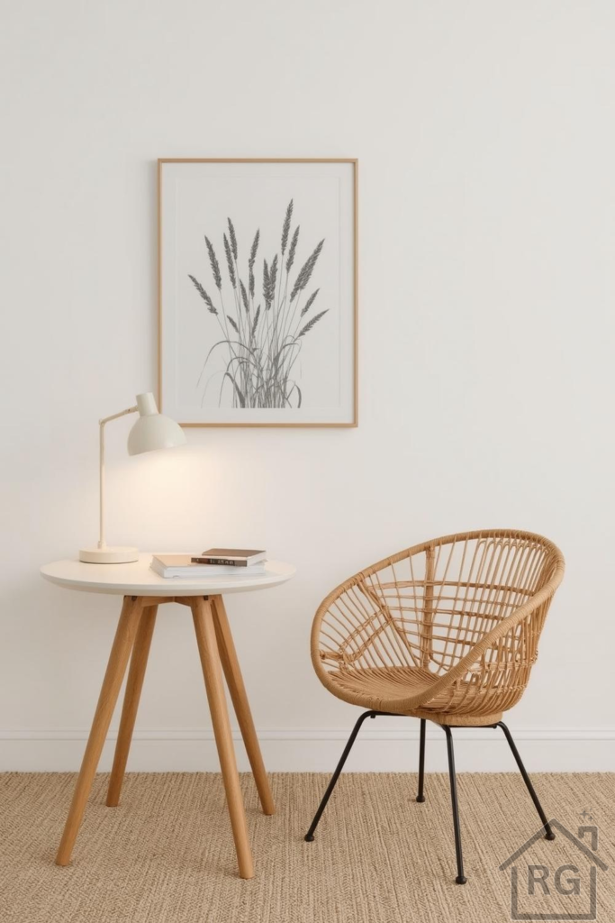 A minimalist Scandinavian study nook featuring a light wood side table, a natural rattan chair with black metal legs, and an off-white desk lamp. A framed botanical print hangs above, and a woven jute rug covers the floor, creating a cozy and functional space.