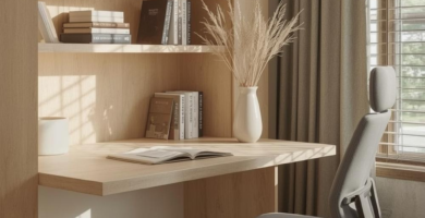 A bright and minimalist Scandinavian study nook featuring a light wood built-in desk with shelves, a grey ergonomic office chair, and a window with wooden blinds and taupe curtains. The desk is adorned with books and a white vase holding dried pampas grass, creating a serene and functional workspace.