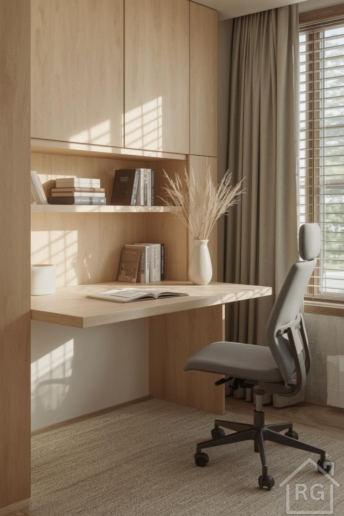 A bright and minimalist Scandinavian study nook featuring a light wood built-in desk with shelves, a grey ergonomic office chair, and a window with wooden blinds and taupe curtains. The desk is adorned with books and a white vase holding dried pampas grass, creating a serene and functional workspace.