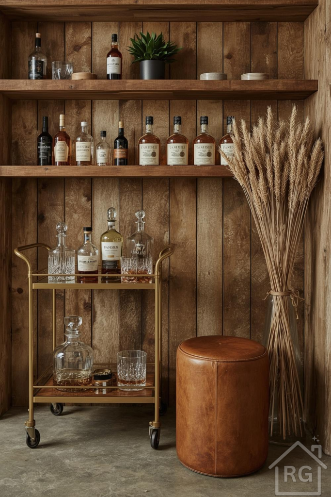 A cozy rustic home bar setup featuring a wooden plank wall, built-in whiskey shelves, and a gold bar cart laden with liquor bottles and decanters. A brown leather ottoman and a tall vase with dried wheat complete this inviting space.