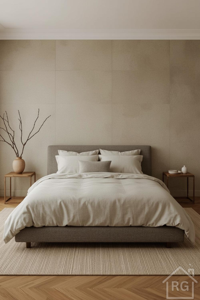 A minimalist Japandi bedroom featuring an upholstered bed with light neutral bedding, two wooden nightstands, and a textured area rug over herringbone wood flooring. The walls are a light greige paneled design, and the room is decorated with a ceramic vase holding dried branches, embodying an earthy, calm aesthetic.