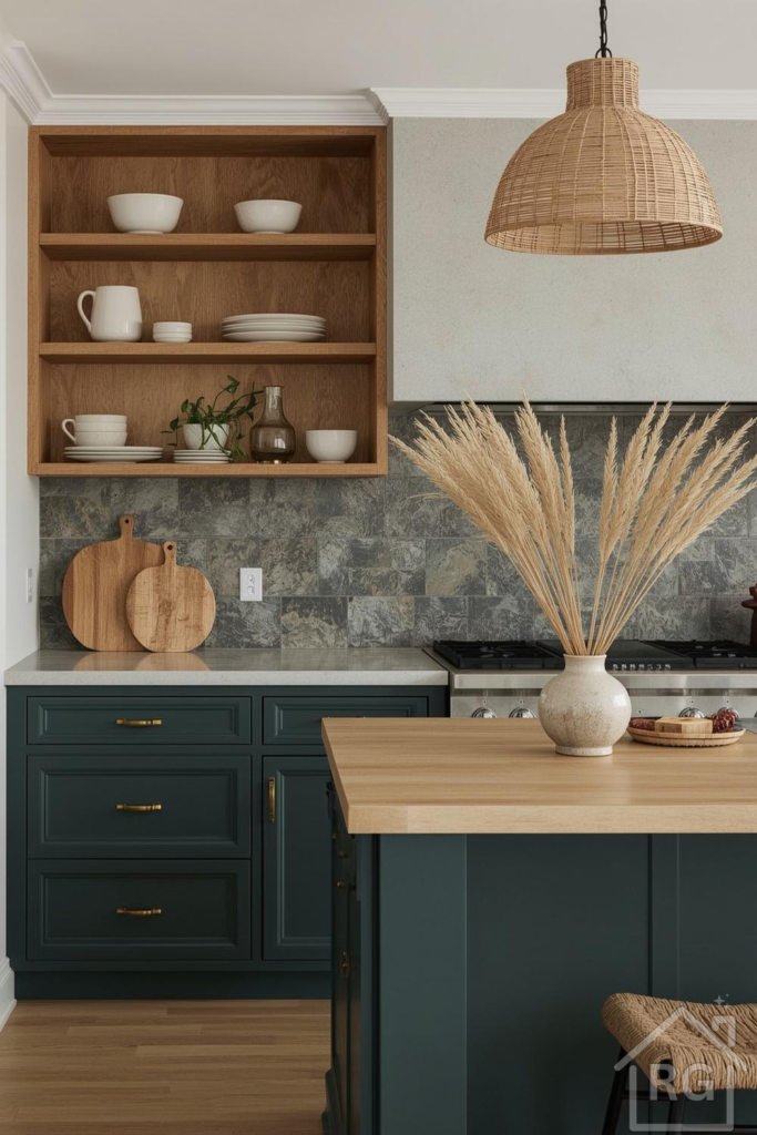 A modern organic kitchen featuring deep forest green base cabinets and a matching island, complemented by light natural wood open shelving and countertops. The space includes a grey stone tile backsplash, white ceramic dishes, wood cutting boards, and a woven pendant light, creating a warm and inviting atmosphere.