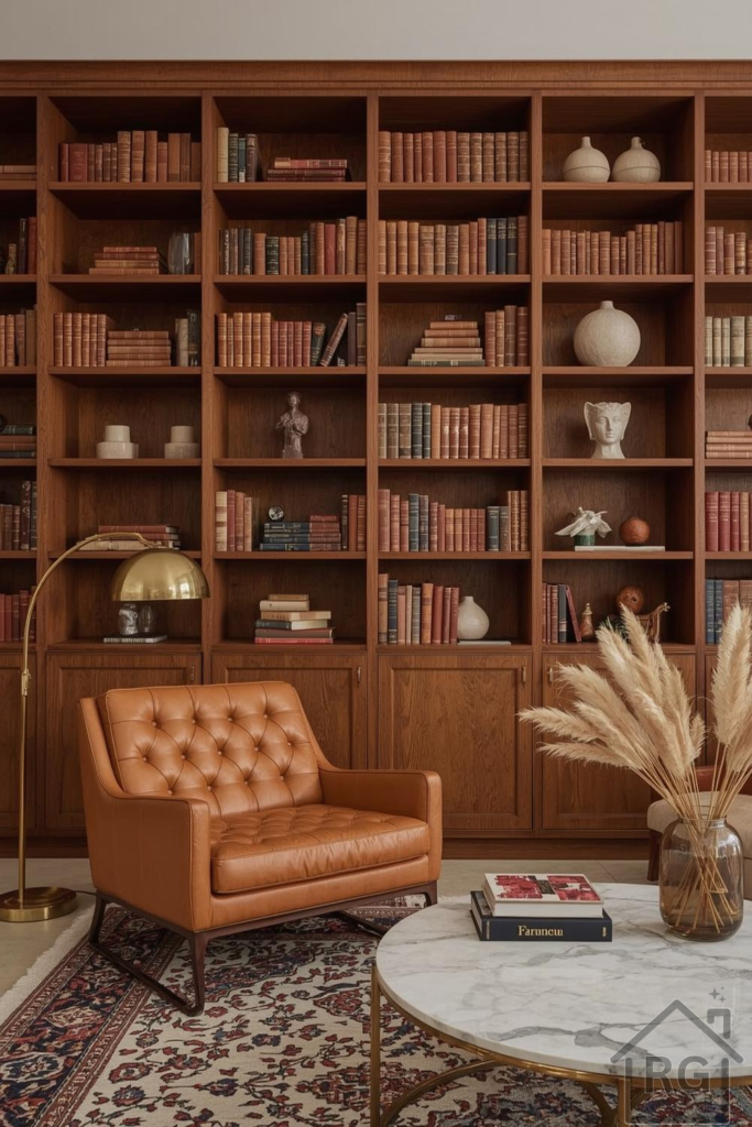A warm and inviting midcentury modern library room featuring a full wall of built-in wooden bookshelves filled with books and decorative objects. A comfortable caramel leather armchair sits beside a brass floor lamp, with a round marble coffee table and a patterned area rug completing the cozy reading nook.