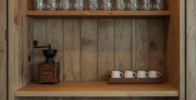 A cozy farmhouse-style coffee nook built into wooden cabinetry, featuring open shelves filled with mason jars, a vintage coffee grinder, ceramic mugs on a tray, and two black industrial bar stools. This charming beverage station embodies rustic elegance and functional design.