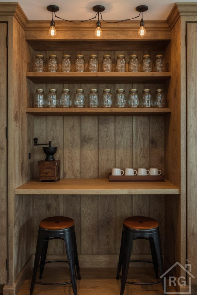 A cozy farmhouse-style coffee nook built into wooden cabinetry, featuring open shelves filled with mason jars, a vintage coffee grinder, ceramic mugs on a tray, and two black industrial bar stools. This charming beverage station embodies rustic elegance and functional design.