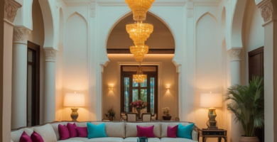 A grand, luxurious living room with Moroccan-inspired architecture. The space features multiple tiered crystal chandeliers, a large cream sectional sofa with fuchsia and teal throw pillows, two ornate dark wood and glass coffee tables, and a vibrant red and blue patterned area rug.