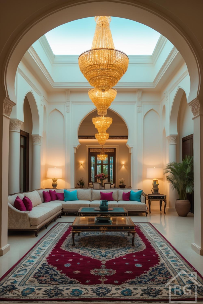 A grand, luxurious living room with Moroccan-inspired architecture. The space features multiple tiered crystal chandeliers, a large cream sectional sofa with fuchsia and teal throw pillows, two ornate dark wood and glass coffee tables, and a vibrant red and blue patterned area rug.