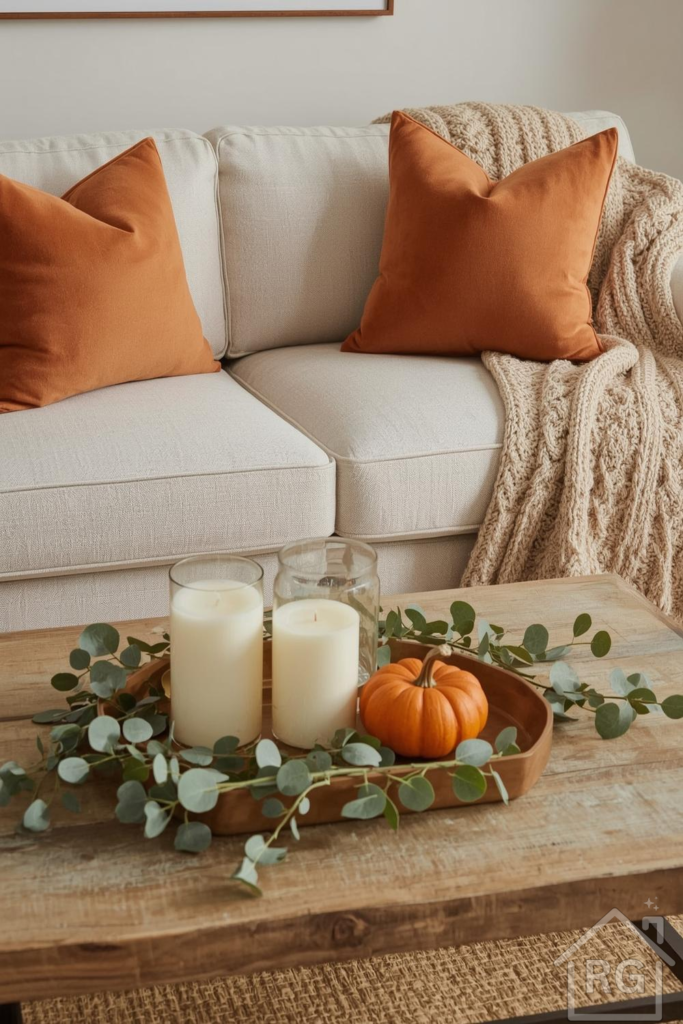 A cozy living room scene featuring a cream sofa adorned with burnt orange throw pillows and a beige cable knit blanket. A rustic wooden coffee table holds a decorative tray with white pillar candles, a small orange pumpkin, and eucalyptus stems, creating a warm fall decor ambiance.