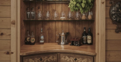 A cozy Bavarian-style bar alcove built into a wooden wall, featuring a custom carved cabinet, glass shelves, and various bottles and drinking glasses. Decorative hops hang from the top, adding a touch of natural charm to this rustic home bar setup.
