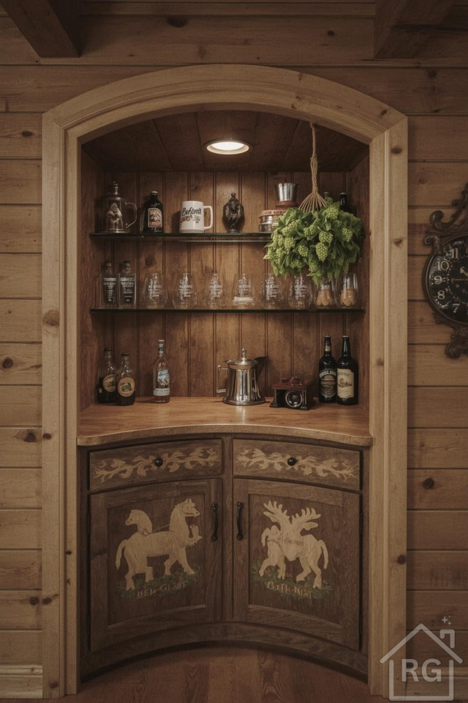 A cozy Bavarian-style bar alcove built into a wooden wall, featuring a custom carved cabinet, glass shelves, and various bottles and drinking glasses. Decorative hops hang from the top, adding a touch of natural charm to this rustic home bar setup.