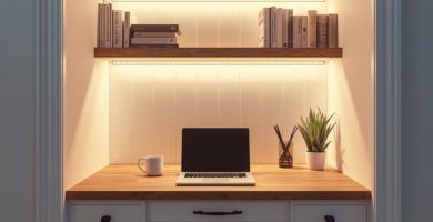 A beautifully designed study alcove featuring a built-in white desk with a light wood countertop and floating shelves. The alcove is illuminated by warm LED strip lights, creating a cozy and functional home office space.