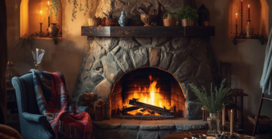 A warm and inviting cottage core living room centered around a grand stone fireplace with a roaring fire. The space features plush armchairs, a wooden coffee table, and a rich Persian-style rug, creating a cozy and rustic ambiance.