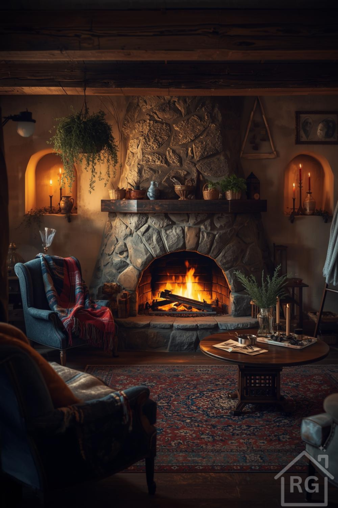 A warm and inviting cottage core living room centered around a grand stone fireplace with a roaring fire. The space features plush armchairs, a wooden coffee table, and a rich Persian-style rug, creating a cozy and rustic ambiance.