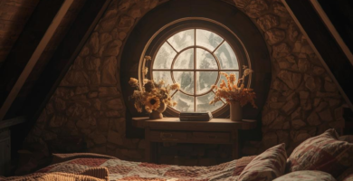 A rustic and cozy attic bedroom featuring a large round window, stone walls, and wooden beams. The bed is adorned with a colorful patchwork quilt and a warm throw blanket, creating an inviting and warm atmosphere.
