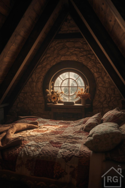 A rustic and cozy attic bedroom featuring a large round window, stone walls, and wooden beams. The bed is adorned with a colorful patchwork quilt and a warm throw blanket, creating an inviting and warm atmosphere.
