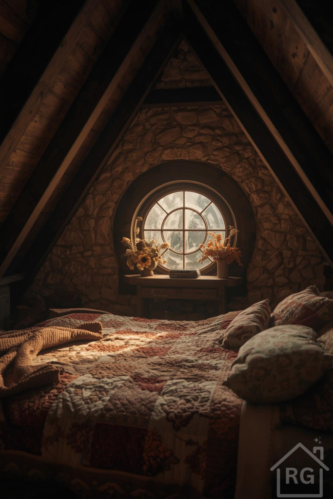 A rustic and cozy attic bedroom featuring a large round window, stone walls, and wooden beams. The bed is adorned with a colorful patchwork quilt and a warm throw blanket, creating an inviting and warm atmosphere.