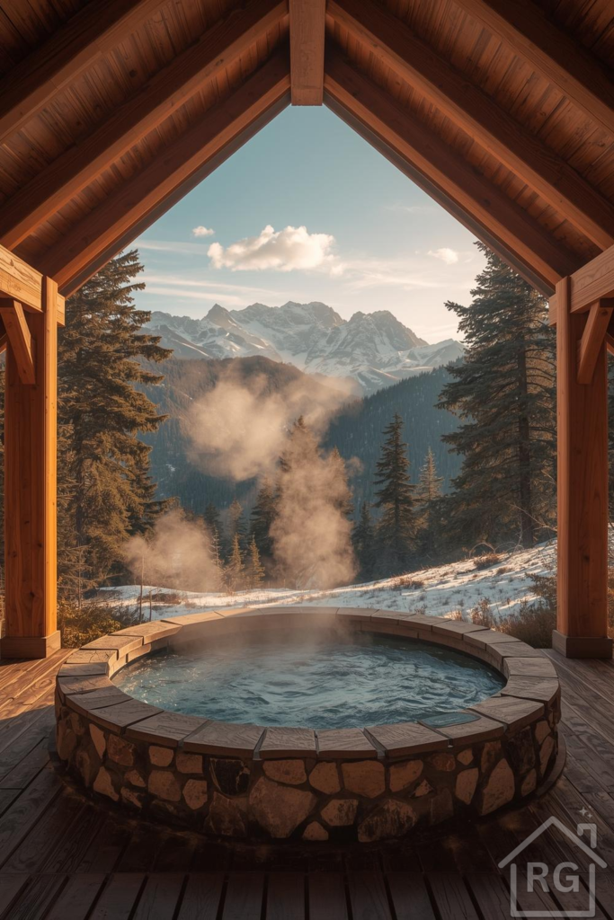 A luxurious outdoor hot tub set on a wooden deck under a rustic wooden pergola, with steam rising from the water. In the background, snow-covered mountains and evergreen forests create a serene, picturesque winter landscape.