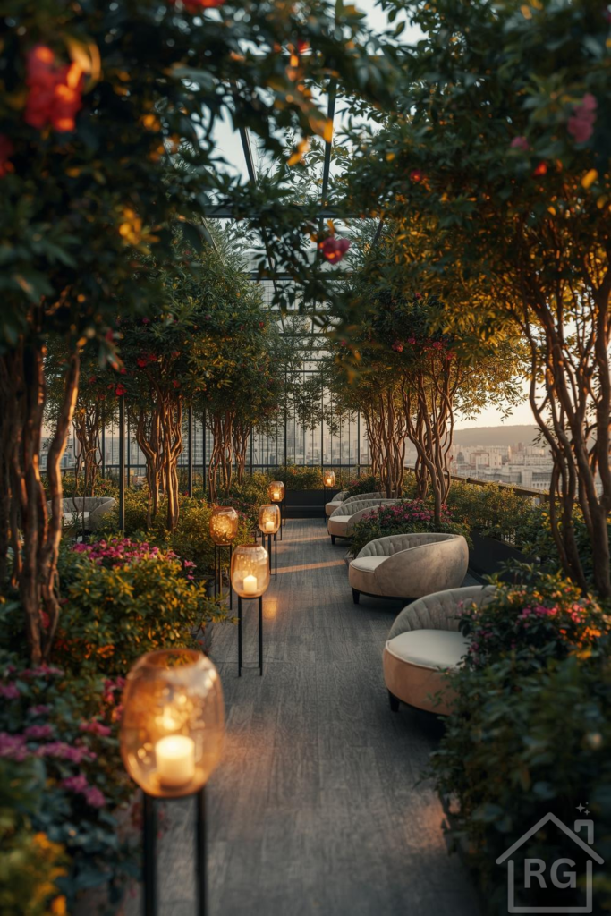 A luxurious rooftop garden at dusk, featuring a pathway lined with mature trees and lush flowering shrubs. Several curved, upholstered lounge chairs are arranged along the path, illuminated by warm glowing glass lanterns, with a city skyline visible in the background.