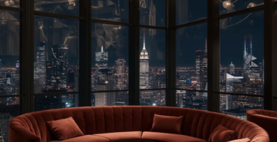 A luxurious, modern lounge area featuring a large curved rust-colored velvet sectional sofa and armchairs, with a round black coffee table. The room boasts floor-to-ceiling windows offering a panoramic night view of a city skyline, illuminated by a striking spherical gold and glass chandelier.