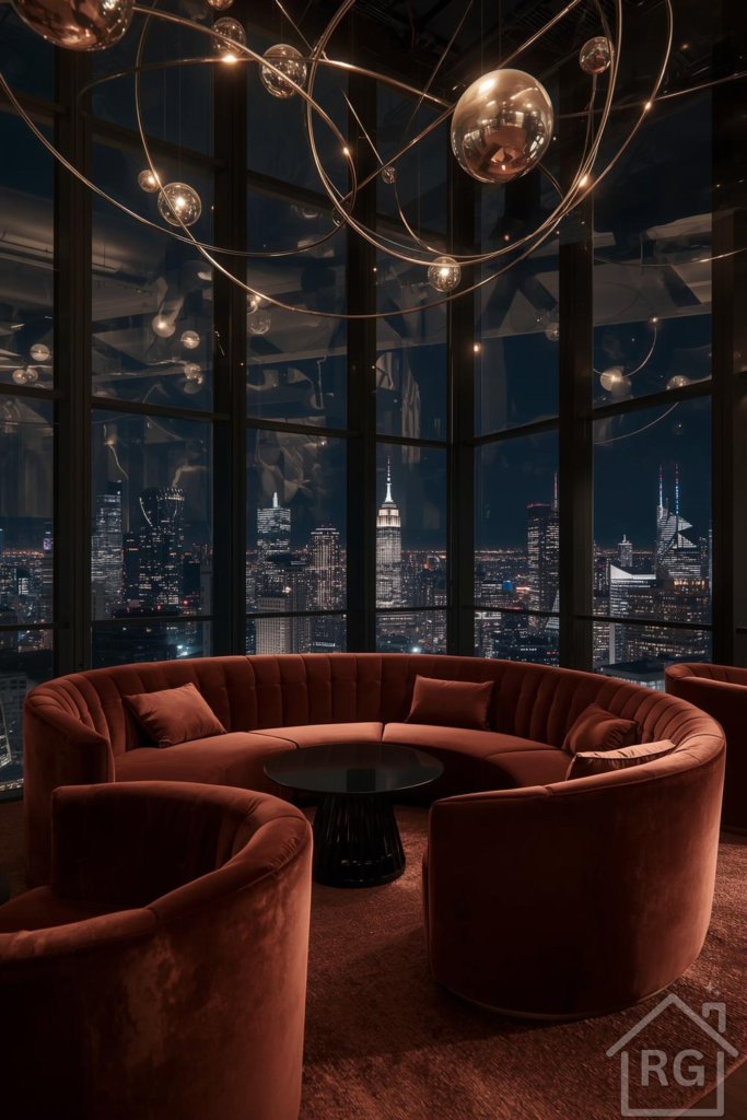 A luxurious, modern lounge area featuring a large curved rust-colored velvet sectional sofa and armchairs, with a round black coffee table. The room boasts floor-to-ceiling windows offering a panoramic night view of a city skyline, illuminated by a striking spherical gold and glass chandelier.