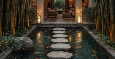 A luxurious indoor-outdoor living space featuring a tranquil koi pond with stepping stones, surrounded by tall bamboo plants. The scene leads to a warmly lit interior with comfortable seating and ambient lighting, showcasing a harmonious blend of nature and modern design.