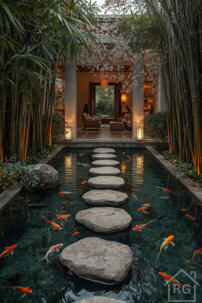 A luxurious indoor-outdoor living space featuring a tranquil koi pond with stepping stones, surrounded by tall bamboo plants. The scene leads to a warmly lit interior with comfortable seating and ambient lighting, showcasing a harmonious blend of nature and modern design.