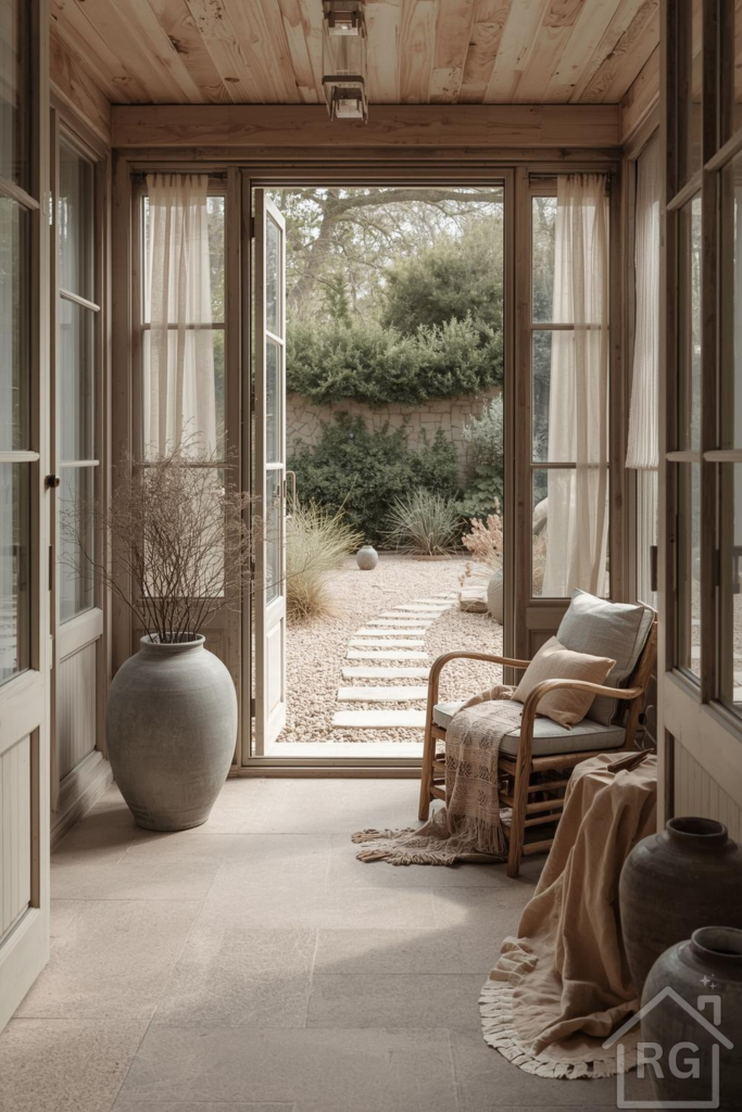 A serene sunroom or enclosed porch with light wood paneling and stone tile flooring, featuring a rattan armchair with cushions, a large ceramic vase with dried branches, and sheer curtains. The open glass door leads to a gravel patio with stepping stones and lush green foliage.