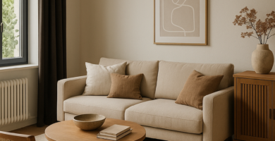A cozy, minimalist living room featuring a light beige sofa, a round wooden coffee table, and a cane armchair. The room is decorated with neutral tones, natural wood, and textured fabrics, creating a serene and inviting Scandinavian-inspired space.