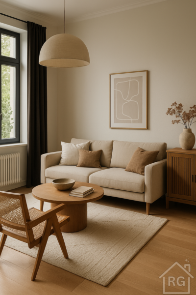 A cozy, minimalist living room featuring a light beige sofa, a round wooden coffee table, and a cane armchair. The room is decorated with neutral tones, natural wood, and textured fabrics, creating a serene and inviting Scandinavian-inspired space.
